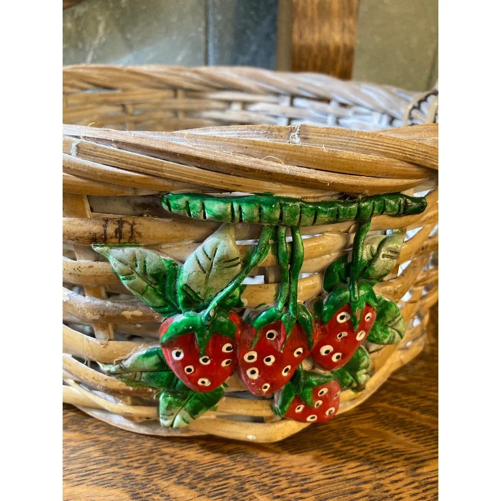 Vintage Wicker Basket with Ceramic Strawberry Accent Cottagecore Round Decor